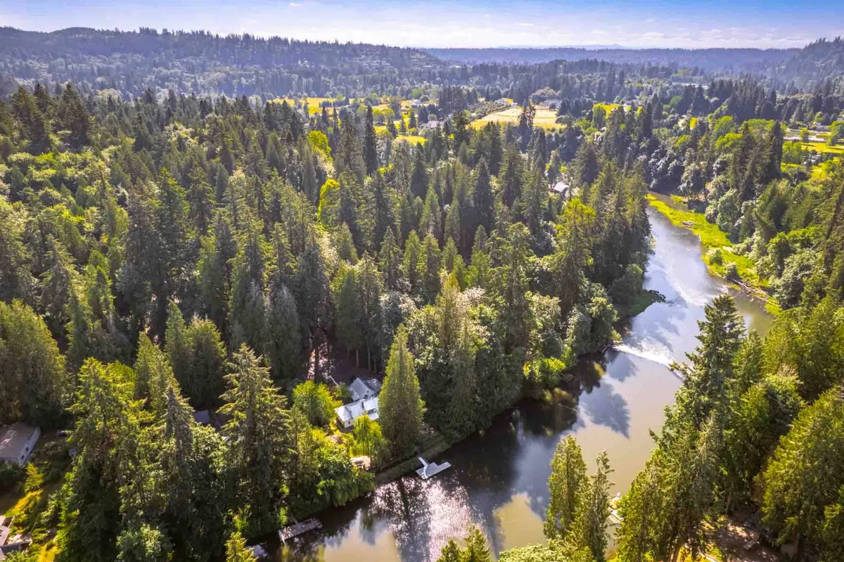 A sweeping, tranquil view of lush green trees, a winding river, small houses, and open fields. The area is ideal for nature walks, picnicking, and wildlife watching, evoking a sense of peaceful outdoor adventure.