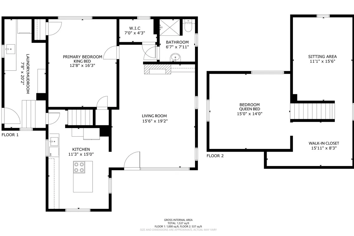 An inviting view across several key spaces, including the primary bedroom, living room with seating, kitchen, and a glimpse of the bathroom—showcasing the layout and flexibility of the home’s interior.